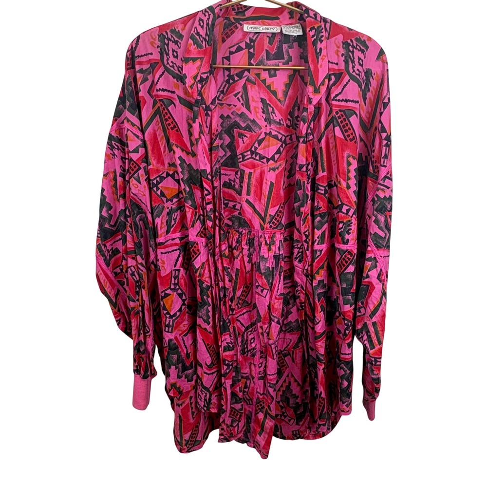 80s MARC DALCY Vintage Pink Geometric Tribal Print Cotton Open Front Top L/XL